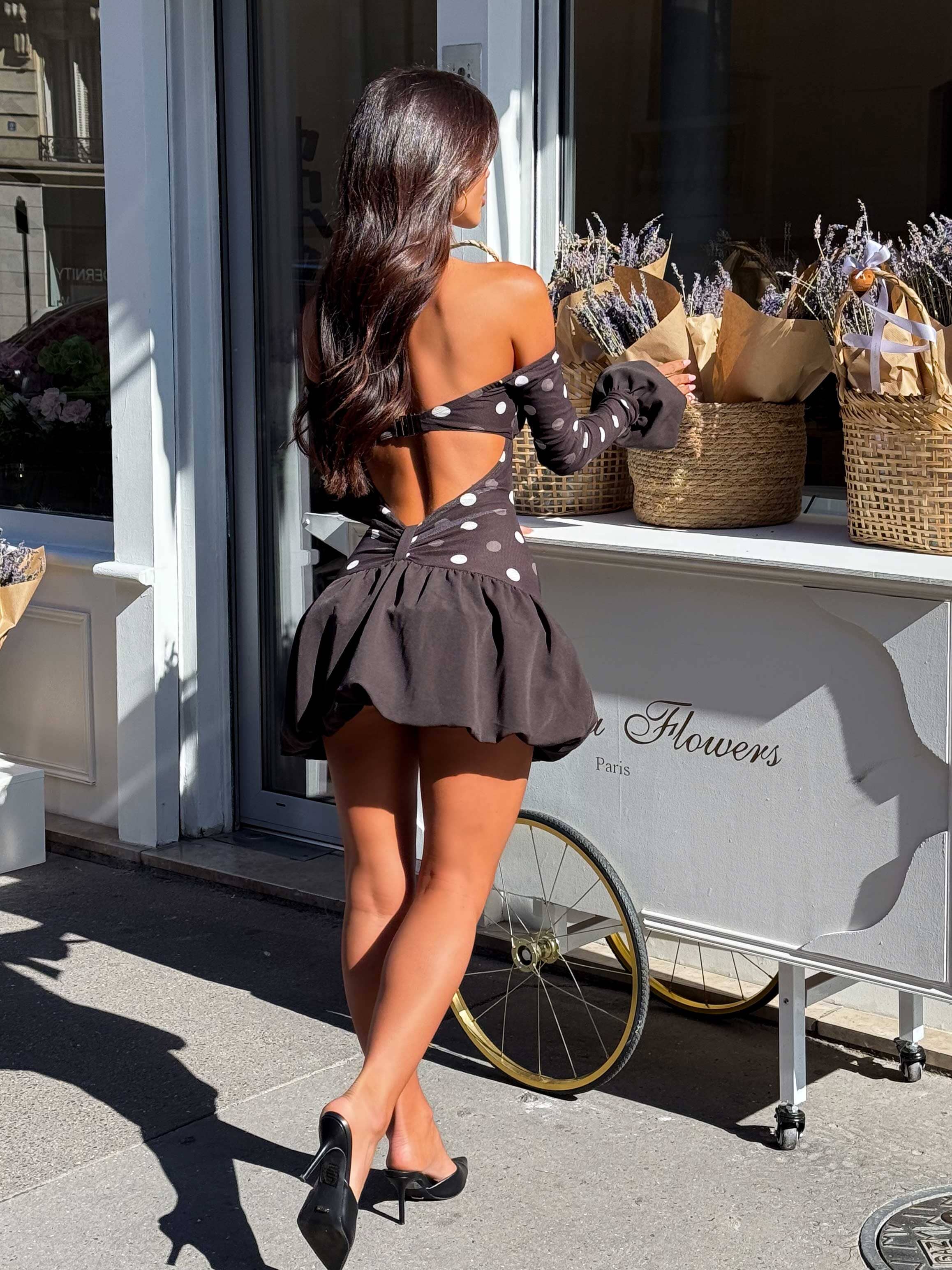 ELYSHA MINI DRESS CHOC POLKA DOT