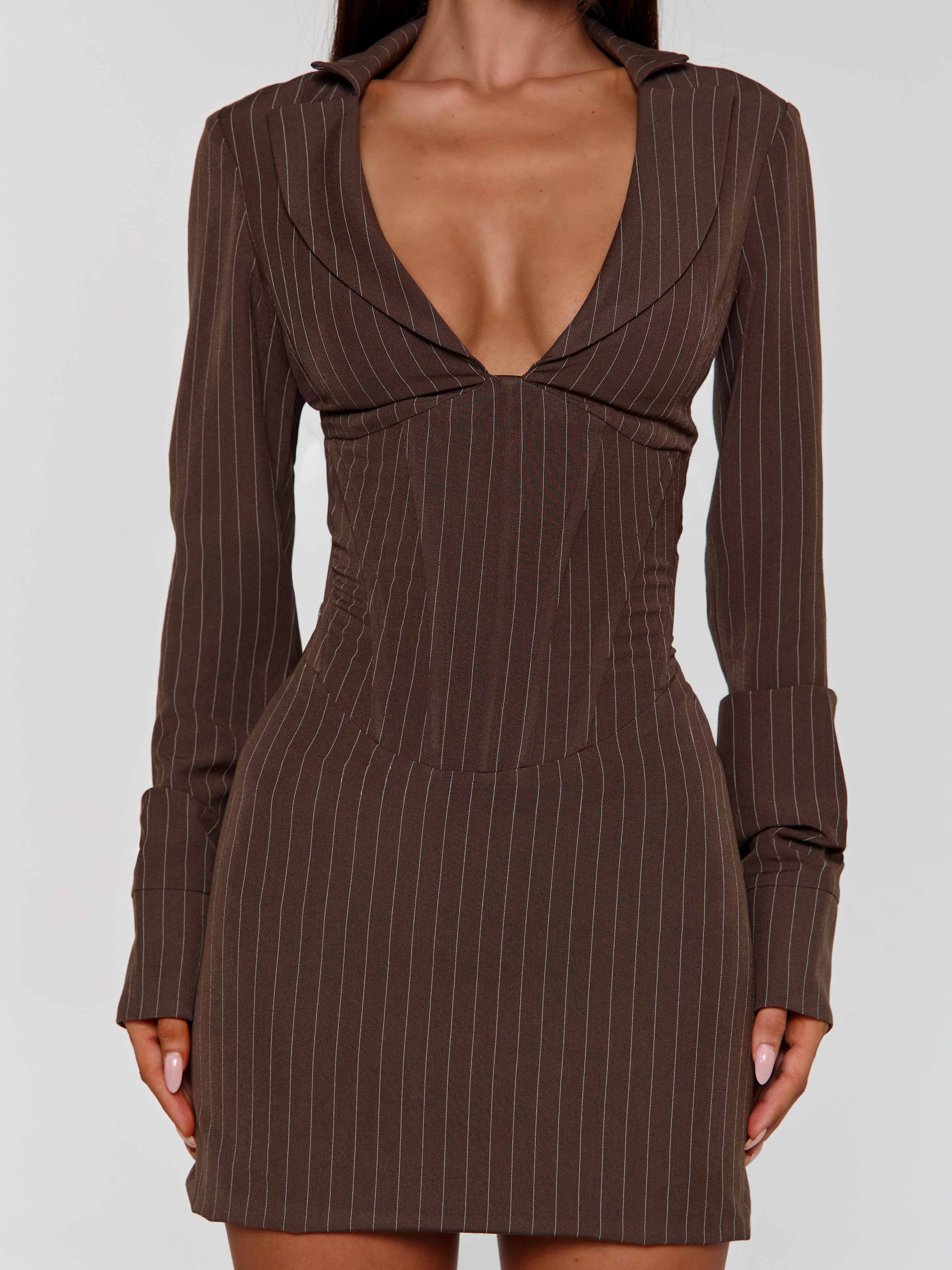 KESSIA MINI DRESS BROWN PINSTRIPE
