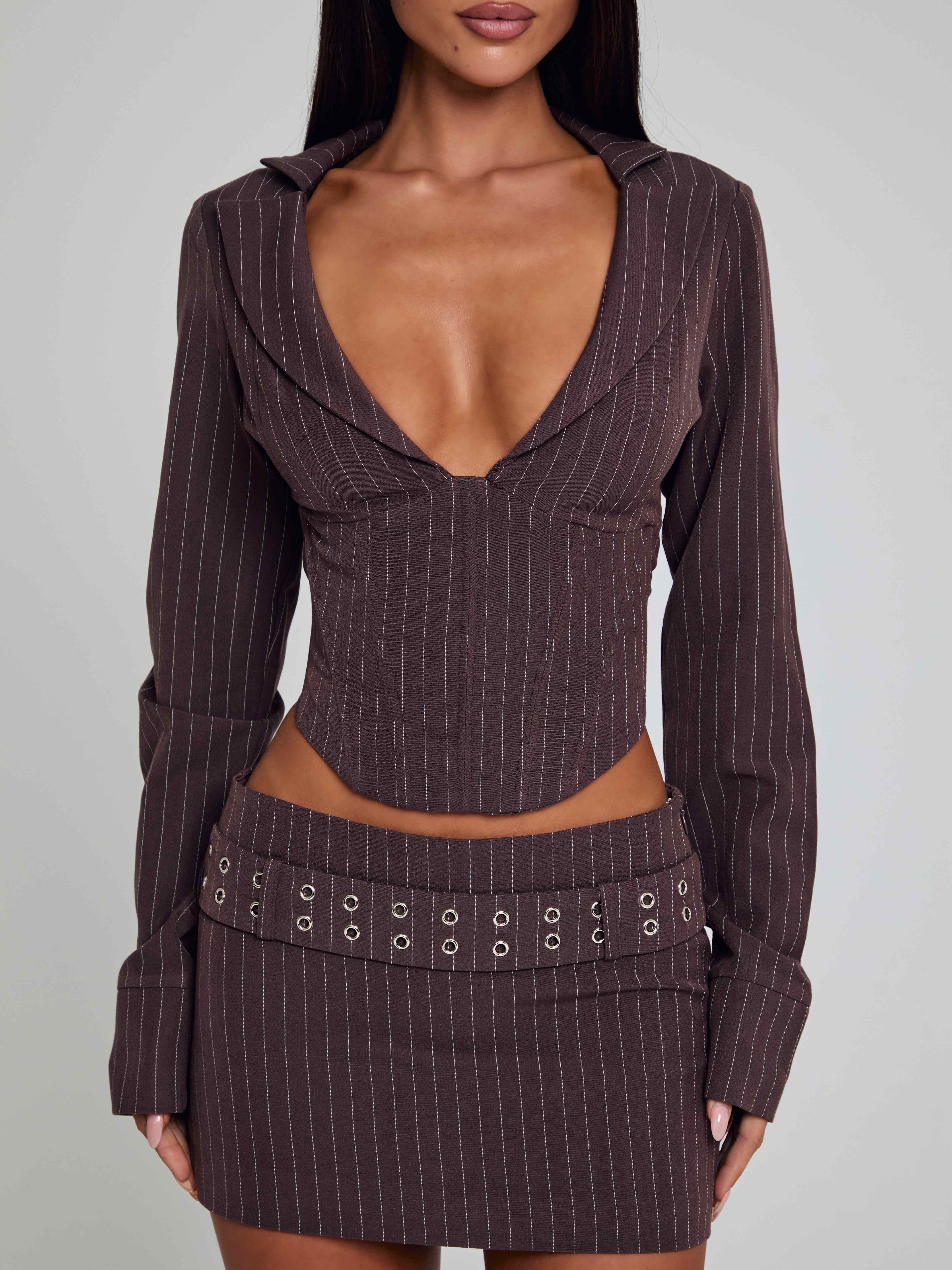 KESSIA MINI SKIRT BROWN PINSTRIPE