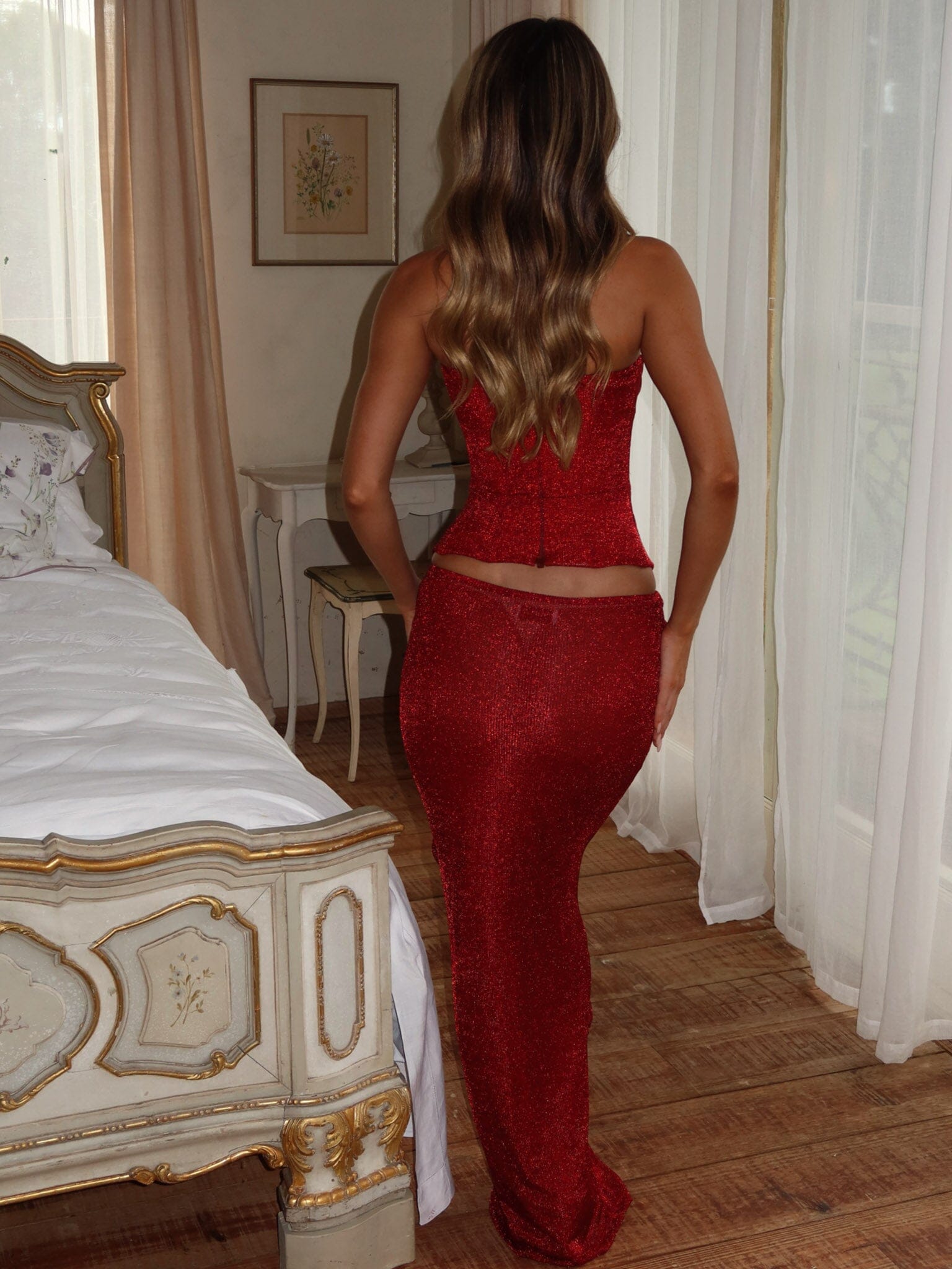 SOLA FLOWER MAXI SKIRT RED SHIMMER